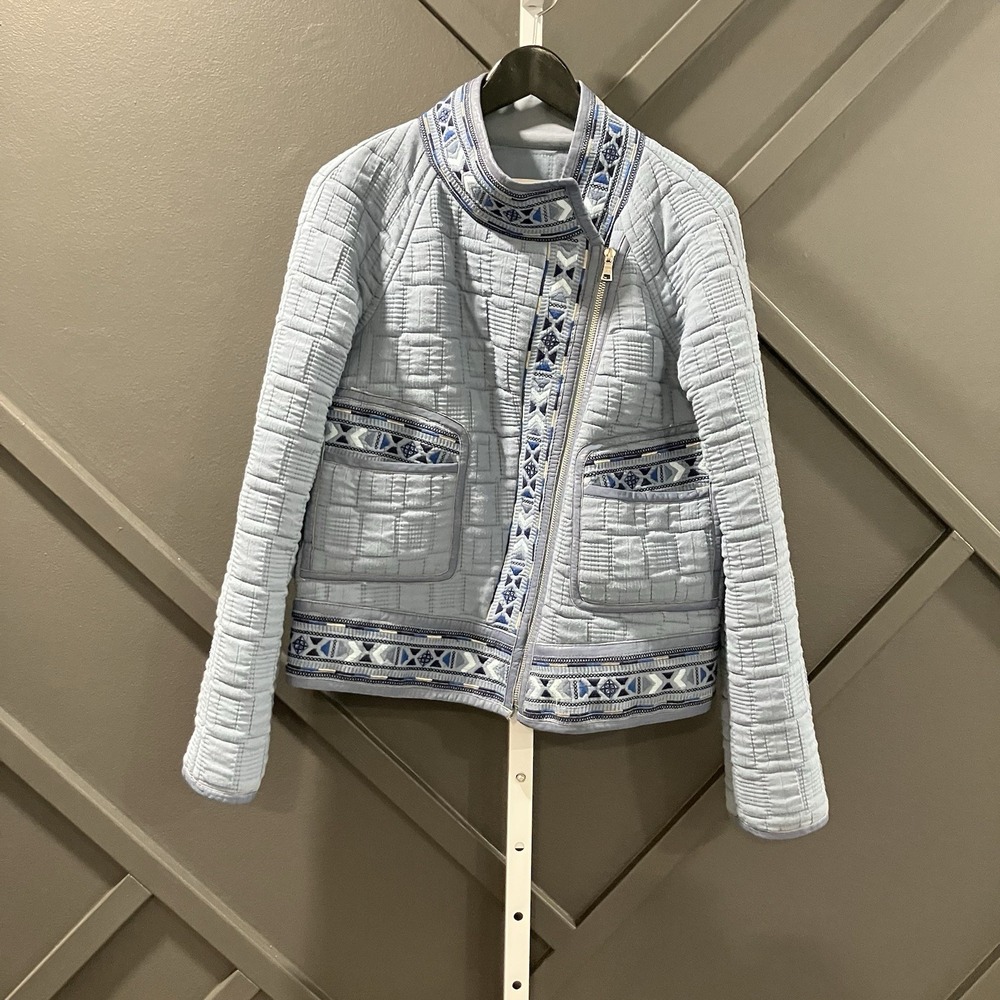 Rebecca Taylor Blue Quilted Embroidered Trim Moto Jacket Womens Size 6
